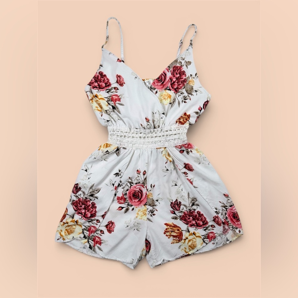 Justify Rose Print Romper with Red and Yellow Accents